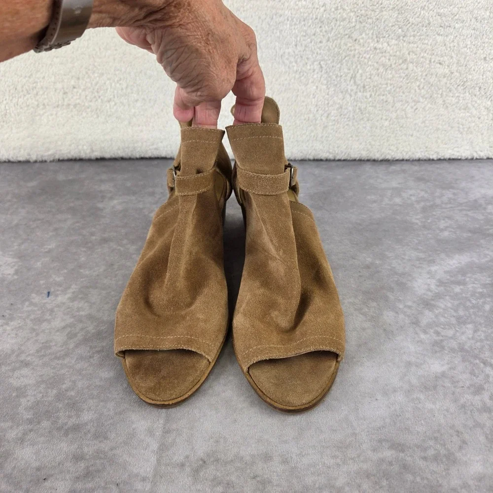 Lucky Brand Suede Peep Toe Wedge Sandals Tan Ankle Wrap Boho S1963
